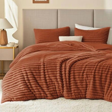 Set de pilotă King Size cu blană artificială, dungi, teracotă 1+2