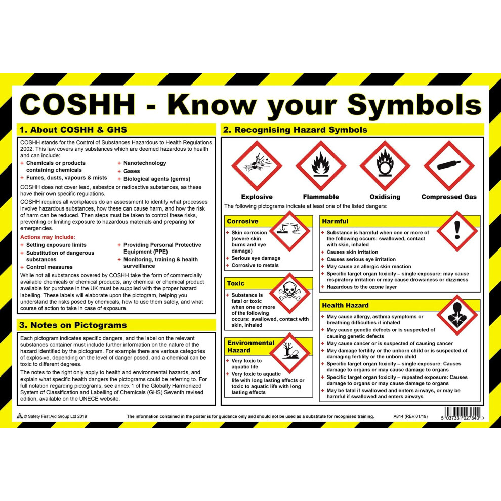 Safety First Aid Group Coshh Know Your Symbols Poster A3 Poster, Laminated