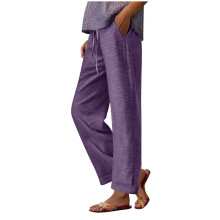 Pantaloni largi pentru femei, cu talie elastică și șnur, din amestec de bumbac, poli-spandex, buzunare laterale, S-2XL