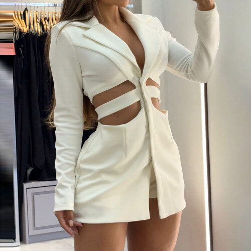 Φόρεμα Blazer για γυναίκες, σετ κοστουμιών με κούφια μέση, πέτο, μακριά μανίκια και 1