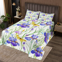 Colcha con estampado de flores de iris en flor, tamaño individual, juego de cubrecama con mariposas, para niña, floral acolchado, flores moradas,