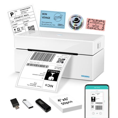 ORGBRO Shipping Label Printer Z1 Plus 4x6 Bluetooth Thermal Label Printer for Small Business, Postage, Address, Support iOS, Android, PC, Compatible