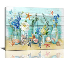 Wandbild mit Blumenmuster im Einmachglas-Stil – Rustikales Strandmotiv, blauer Rahmen, 40 x 50 cm, fertig zum Aufhängen, Badezimmerdeko im