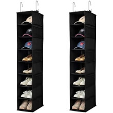 Hanging Shoe Organizer for Closet with Side Mesh Pockets,Hat Racks for Baseball Caps,Shoe and Hat Holder & Storage,8-Shelf,Black,2 Pack