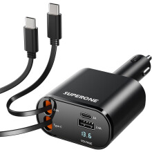 Încărcător auto retractabil, Adaptor USB 4 în 1 de 69 W cu cabluri duale Type-C, Compatibil cu iPhone 17–11, Pro/XS/XR/SE, iPad, AirPods