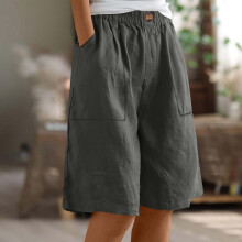 Culotte d'été pour femme avec poches, coupe ample, jambe droite, longueur genou, en coton-lin prérétréci, tailles S à 2XL