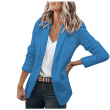 Damenblazer, einfarbig, mit Taschen, langen Ärmeln, Reversknopf, schmal geschnitten, für Büro und Freizeit, offener Vorderteil, blau, XXL