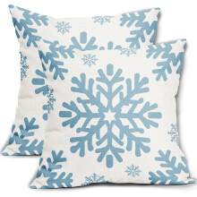 Capas de almofada natalinas azul-claro 45x45 cm (2 unidades), flocos de neve brancos, decoração rústica de inverno, capas de almofada de linho