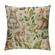Pakket met kussenhoezen voor de lente en Pasen – Konijntje, bloemen en bladeren, decoratie voor binnen en buiten, geschikt voor standaard kussens.