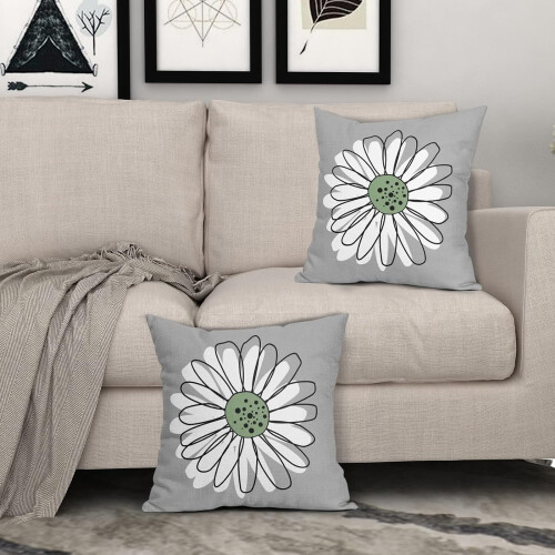 Μαξιλαροθήκες Sage Green & White Daisy 18x18, Σετ 2 τεμαχίων, Τετράγωνες Θήκες Μαξιλαριών από 2