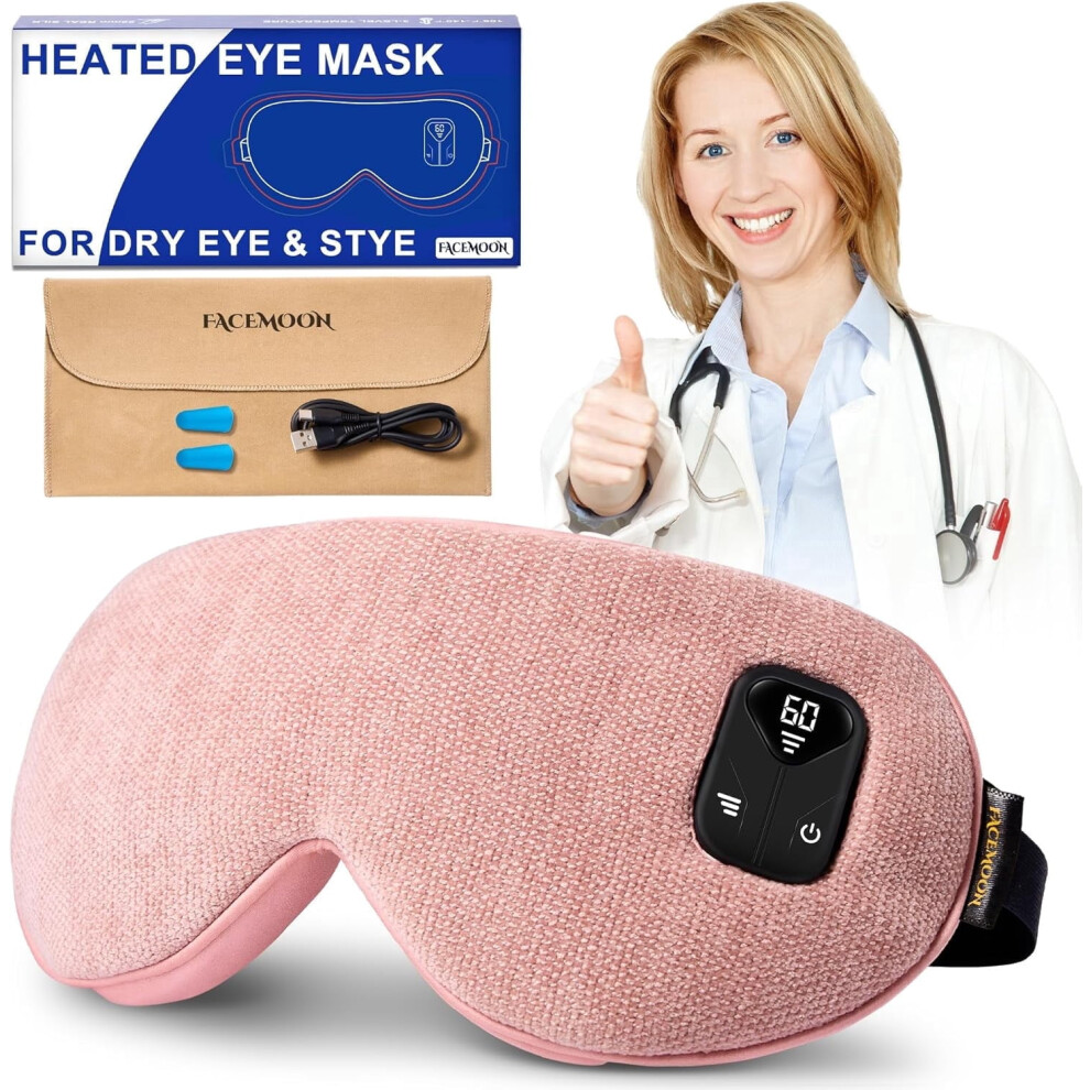 Pink Cotton Linen Cordless Warm, Rechargeable Sleep Eye Mask For Dry Eyes Relief With Storage Pouch,