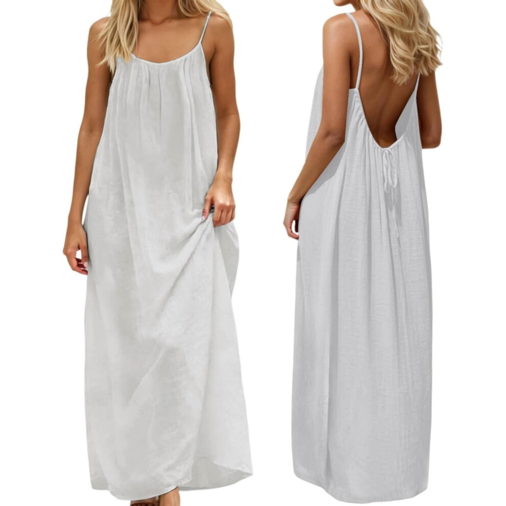 Women Backless Cami Dress, Summer Casual Sleeveless House Lounge Dresses, Spaghetti Strap Flowy Long Beach Sundress 9110895776384