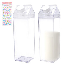 INHEMING Clear Milk Carton Water Bottle 2 Pcs 500ML Plastic Square Drinking Bottles with Screw Top for Juice, Milk and Other Homemade Beverages