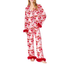 Valentijnsdagpyjama's, bijpassende pyjama's voor stellen, pyjamasets voor dames met lange mouwen en lange broek, print met liefdesstrik, losvallend,