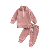 3M-3Y Katoenen set met lange mouwen, sweatshirt met rits en opstaande kraag en joggingbroek voor babyjongens en -meisjes – effen kleur, casual