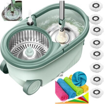 SWISSPACK Ultimate Heavy Duty Spin Mop and Buckets Sets, Microfibre Flat Mop Bucket, Telescopic Handle & 8 Reusable Pads for Hardwood Laminate Tile F