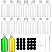 saerryor 16 Pcs 80ml Plastic Juice Bottles with Lids, Reusable Transparent Small Bottles with Funnel Brush and Labels, Shot Bottle for Water, Juice,
