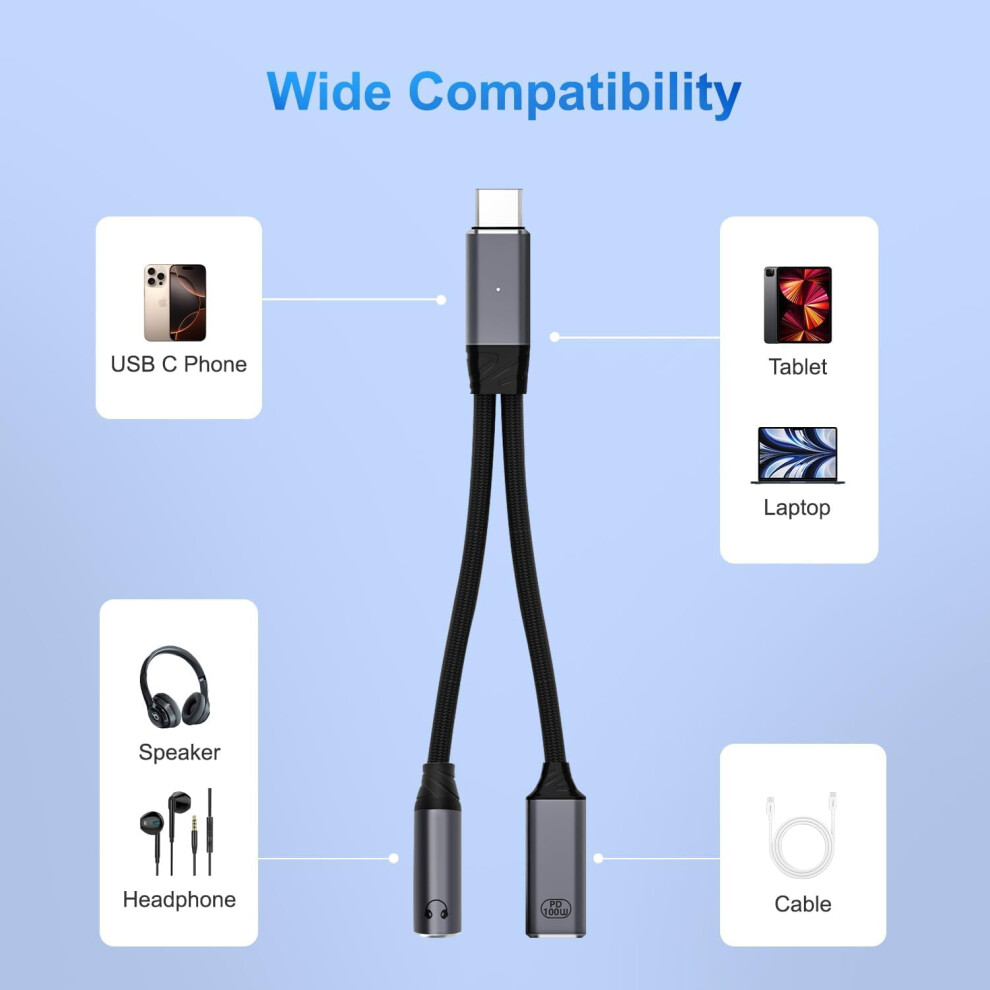 Usb C To 3.5Mm Headphone And Charger Adapter,Type C 2 In-1 Dongle Cable With Pd 100W For 16 15 Pro Max, Pixel 9 8 7, Galaxy S24 S23 S22 9170372926220
