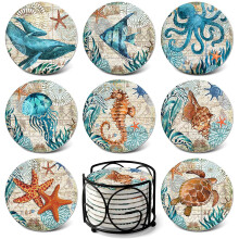 Ocean Life Ceramic Coasters Set of 8 with Cork Base