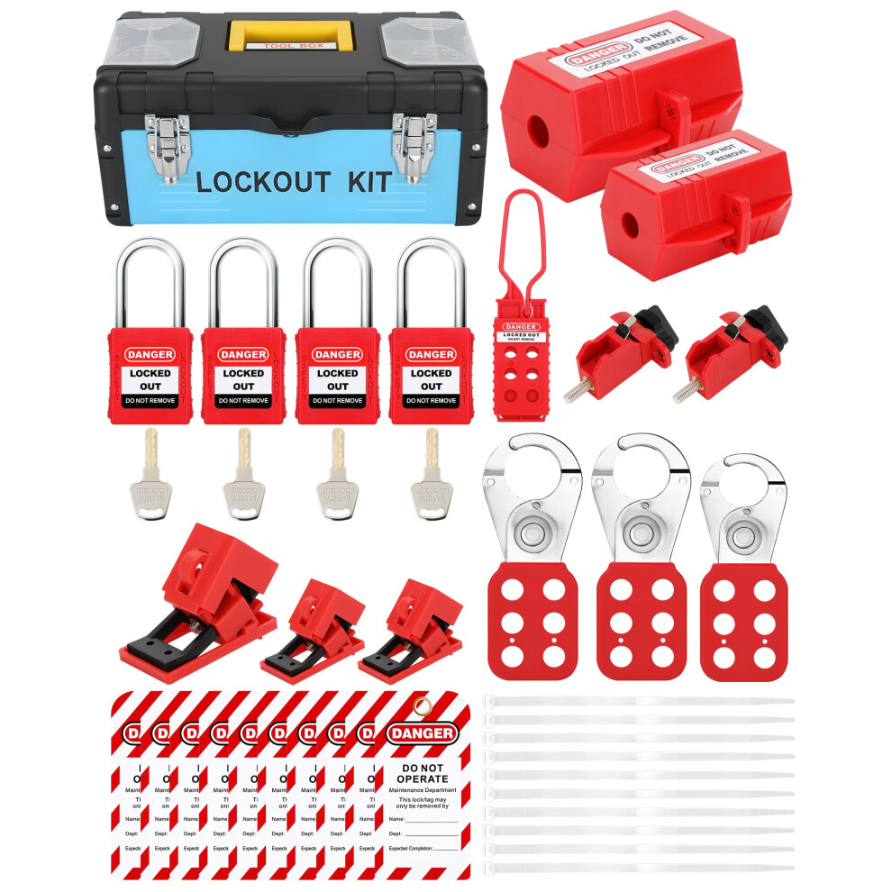 Holulo Industrial Grade Lockout Tagout Kit - 10 Visible Lockout Tags, 4 Robust Safety Padlocks, 4 Lockout Hasps, 5 Breaker Lockouts, 2 Plug Lockouts, 82904142