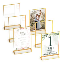 Dasher Products Gold Picture Frames Double Sided - 6 Pack - 4x6 Acrylic Gold Table Number Holders, Clear Easel Table Stands for Signs, Menu Holder, P