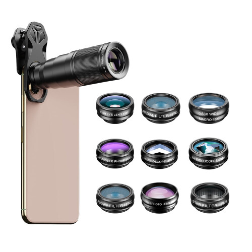 Kit de Lentes para Câmera 10 em 1: Grande Angular 0,63x, Teleobjetiva 22x, Olho de Peixe, Ultra Grande Angular 198 e Mais – Compatível com
