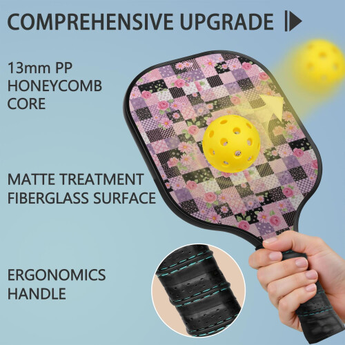 Σετ κουπιών Pickleball με κουπιά από fiberglass σε σχέδια λουλουδιών, 2 μπάλες και τσάντα – 1