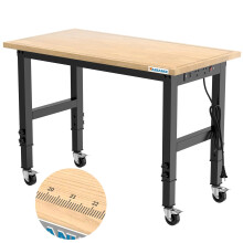 LARBANKE 120 cm Heavy Duty Workbench for the Garage,Rubber Wood Workbench has Adjustable 5 Different Heights,Hardwood Work Table,Weight Capacity Over