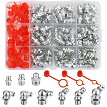Nadinsta 100Pcs Hydraulic Grease Nipple Fitting Assortment Kit, Hydraulic Grease Fittings Standard with Plastic Grease Fitting Cap M6 M8 M10 Straight