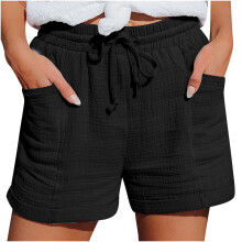 Shorts femininos, shorts casuais femininos com cordão na cintura elástica, shorts de praia de verão com bolsos.