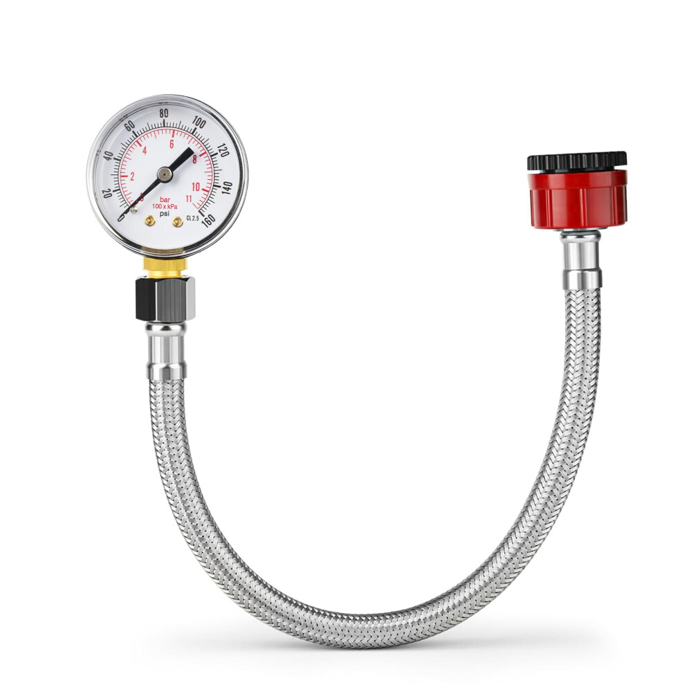 Mains Water Pressure Test Gauge, 0-11 Bar/160Psi, Dual Scale, Brass Thread, Stainless Steel, 3/4" Bsp To 1/2" Bsp Hose Female Thread, Diagnostic Test 78267046