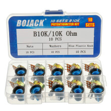 BOJACK 10 Sets B10K Knurled Shaft 3 Terminals Linear Taper Rotary Potentiometer(WH148)10K Ohm Single Turn Carbon Film Variable Resistor with Blue Pla