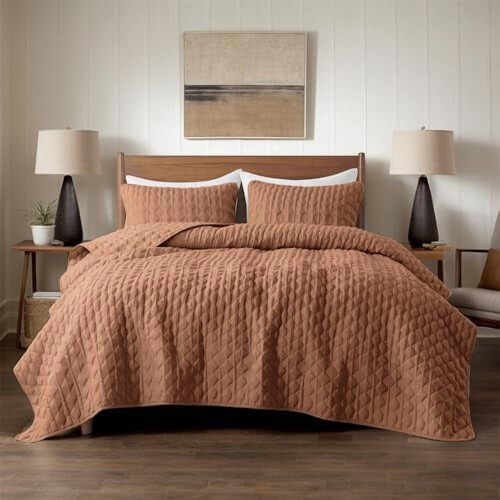 Burnt Orange Geometric Quilt Set Queen 1