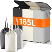 Drievoudige wasmand met deksel en uitneembare zakken, 185 liter, opvouwbare mand met 3 vakken, handvatten, zwart/wit/grijs