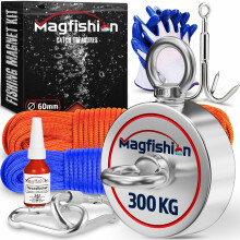 MAGFISHION Magnet Fishing Kit - 300 KG (700lb) - Ø60mm - Super Strong Neodymium Magnet with 2 Ropes, Grappling Hook, Carabiner, Gloves, Threadlocker