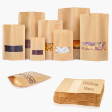 KINETOX 50 PCS Kraft Bags Kraft Pouches With Window Sealable Bags 16X23 cm Resealable Pouches Food Pouche for Nuts Sweets Grain Dry Food Pet Etc Brow