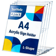 SunYoda 4 pack A4 Acrylic Sign Holder, L-Shape Menu Display Stand, A4 picture Stand, Menu Holders, A4 Clear Poster Holder Perspex Display Stand for O