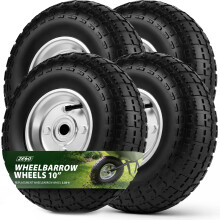 ZENO Wheelbarrow Wheels - 4 x 10" | Pneumatic Wheels Set | Truck Trolley Puncture Proof Tyre for Garden Heavy Duty Trolley Trailer Truck | Black Soli