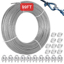 2mm 30m (98ft) Stainless Steel Wire Rope, PVC Coated 304 Steel Cable with 10 Wire Rope Clamps, Durable Steel Cable for Curtain Rods, Clothesline, Pla