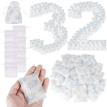 32Pcs Multipurpose Silica Gel Desiccant Packets, 10 Gram Moisture Absorber Sachets, Food Grade Silicone Dehumidifier Sachets with 10Pcs Drawstring Ba