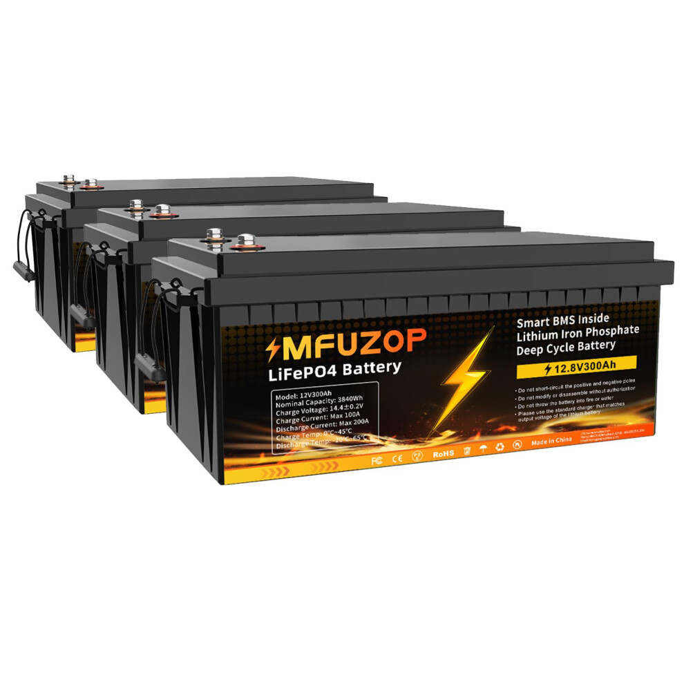 Mfuzop 3Pcs 12V 300Ah Lifepo4 Lithium Battery With 200A Bms, 3840Wh Lithium Iron Phosphate Battery, Up To 15000+ Cycles, Support In Series/Parallel, 41318348