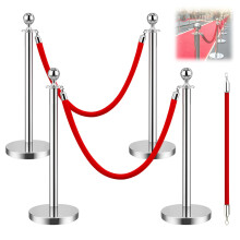 WUDLEP 4Pcs Stainless Steel Stanchion Post Queue, Stanchion Rope Divider with 3Pcs 5FT Red Velvet Rope for Crowd Control, Airport, Museums, Party Sup