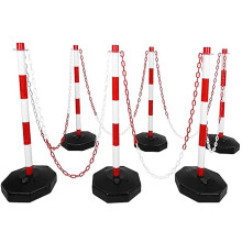 6 Traffic Safety Delineator Posts - Red and White | Height Adjustable Barrier Posts with Fillable Base and 12 Meter Plastic Chain | Portable Indoor Q