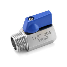 QWORK Stainless Steel Mini Ball Valve with Reduced Bore, PN63, 1/2" Female x Male Thread, Blue Handle