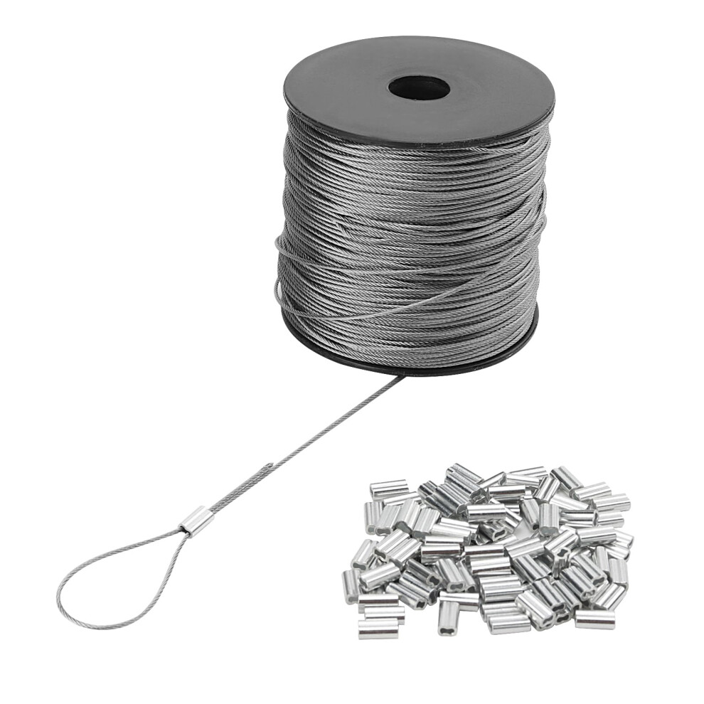 Zeonhak 1Mm Wire Rope, 400Ft/122M Stainless Steel Sire Spool, Length Aircraft Cable With 100 Pcs Crimping Clamps Loop Sleeve, 7X7 Strand Core 57362595