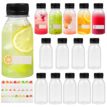 LFBEST 14pcs Juice Shot Bottles with lids, 100ml Plastic Small Bottles with Lids, Reusable Empty Drink Containers, Includes Fruit Stickers for Smooth