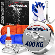 MAGFISHION Magnet Fishing Kit - 400 KG (900lb) - Ø90mm - Super Strong Neodymium Magnet with 2 Ropes, Carabiners, Grappling Hook, Gloves, Threadlocker