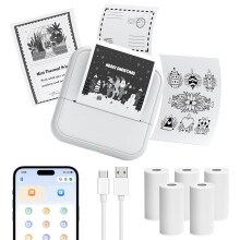 OFFCUP Mini Printer, Sticker Printer with 6 Rolls Thermal Paper, Portable Pocket Thermal Printers, Bluetooth Wireless Inkless Photo Printers Built-in