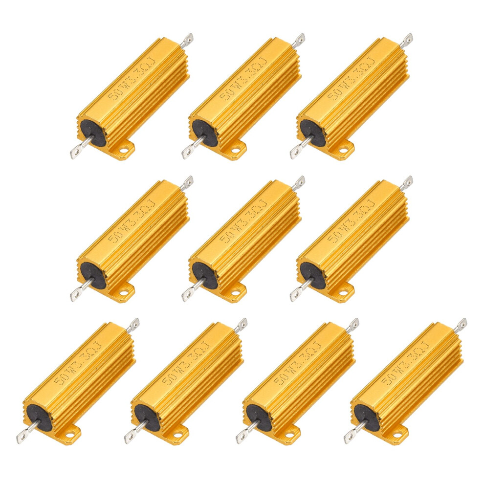 Sourcing Map 10Pcs 50W 3.3 Ohm 5% Aluminum Housing Case Resistor, Wirewound Resistors Screw Tap Chassis Mounted, Gold 96557426