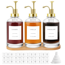 Sunal 3pack Coffee Syrup Dispenser,16.9 oz/500ml Gold Syrup Dispenser with Tray,Glass Pump Bottles with Funnel&36 Labels for Kitchen&Coffee Bar